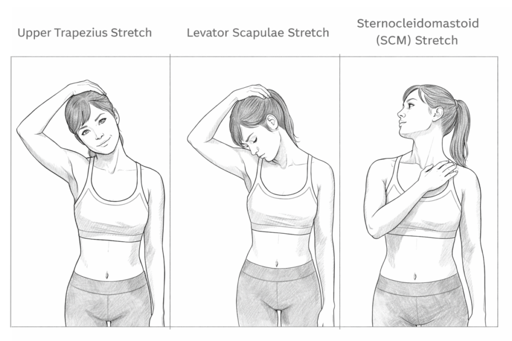Active self-release for upper trap, levator scapulae, and SCM