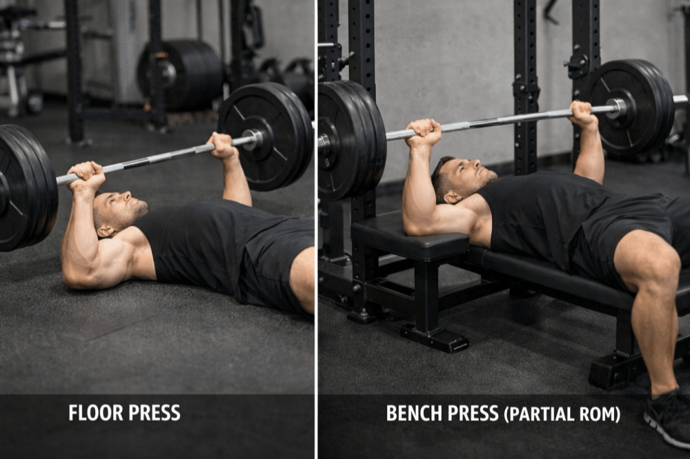 Floor press and bench press(partial rom) for boost bench press