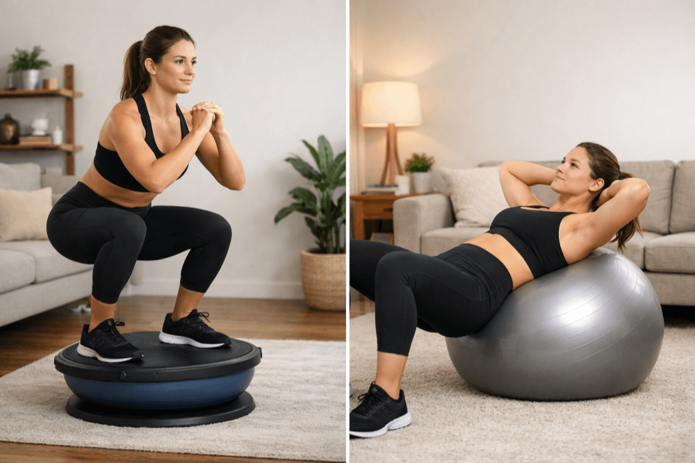 BOSU ball squats and Swiss ball crunches for balance training