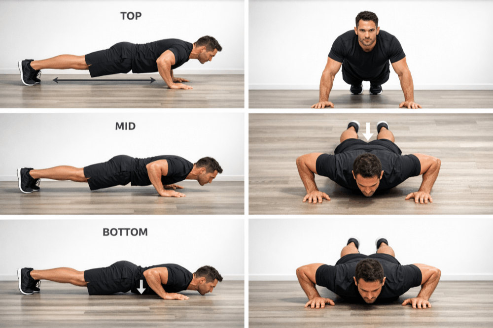 Step-by-step push-up guide with front and side views