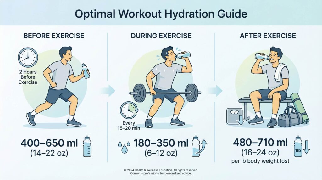 Hydration guidelines infographic showing fluid intake before, during, and after exercise with recommended amounts in ml and oz