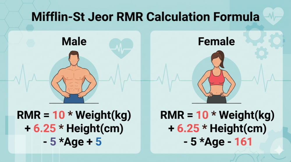 Mifflin-St Jeor RMR calculation formulas for men and women.