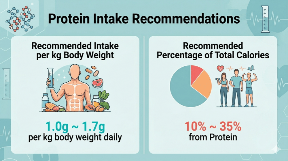 Protein intake guidelines per kg of body weight and total calorie percentage.
