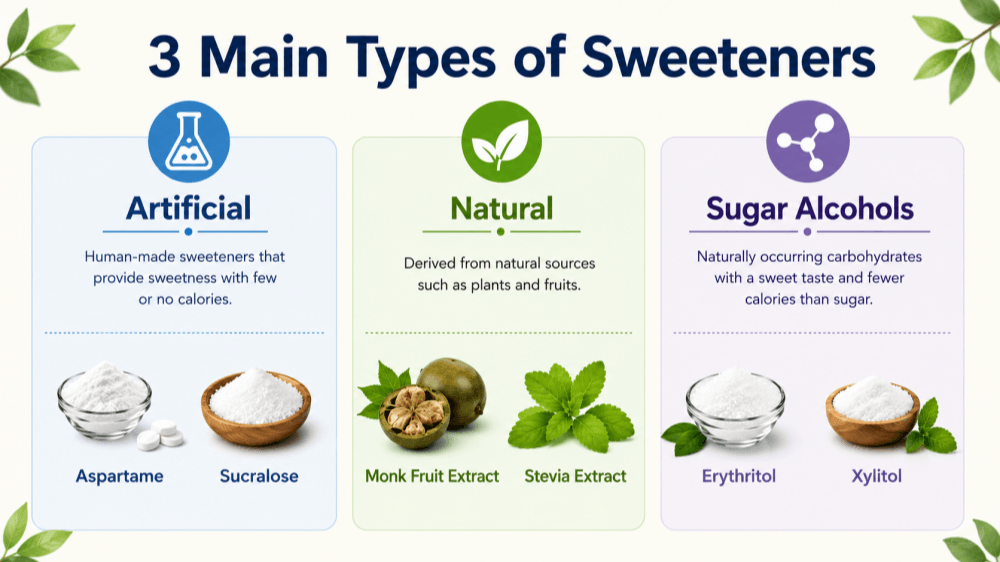What is Sweetener Made Of?artificial, natural, sugar alcohols