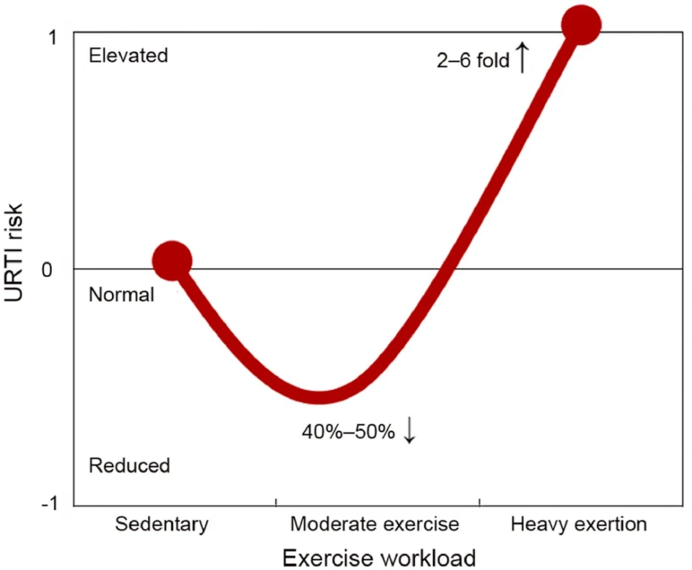 J-shaped curve showing the relationship between exercise workload and upper respiratory tract infection (URTI) risk