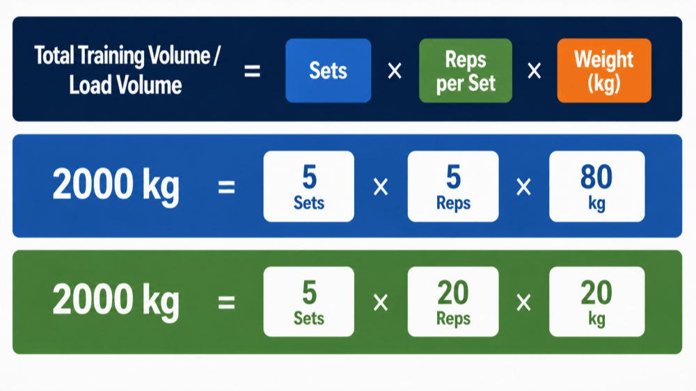 Total training volume formula based on sets, reps, and weight
